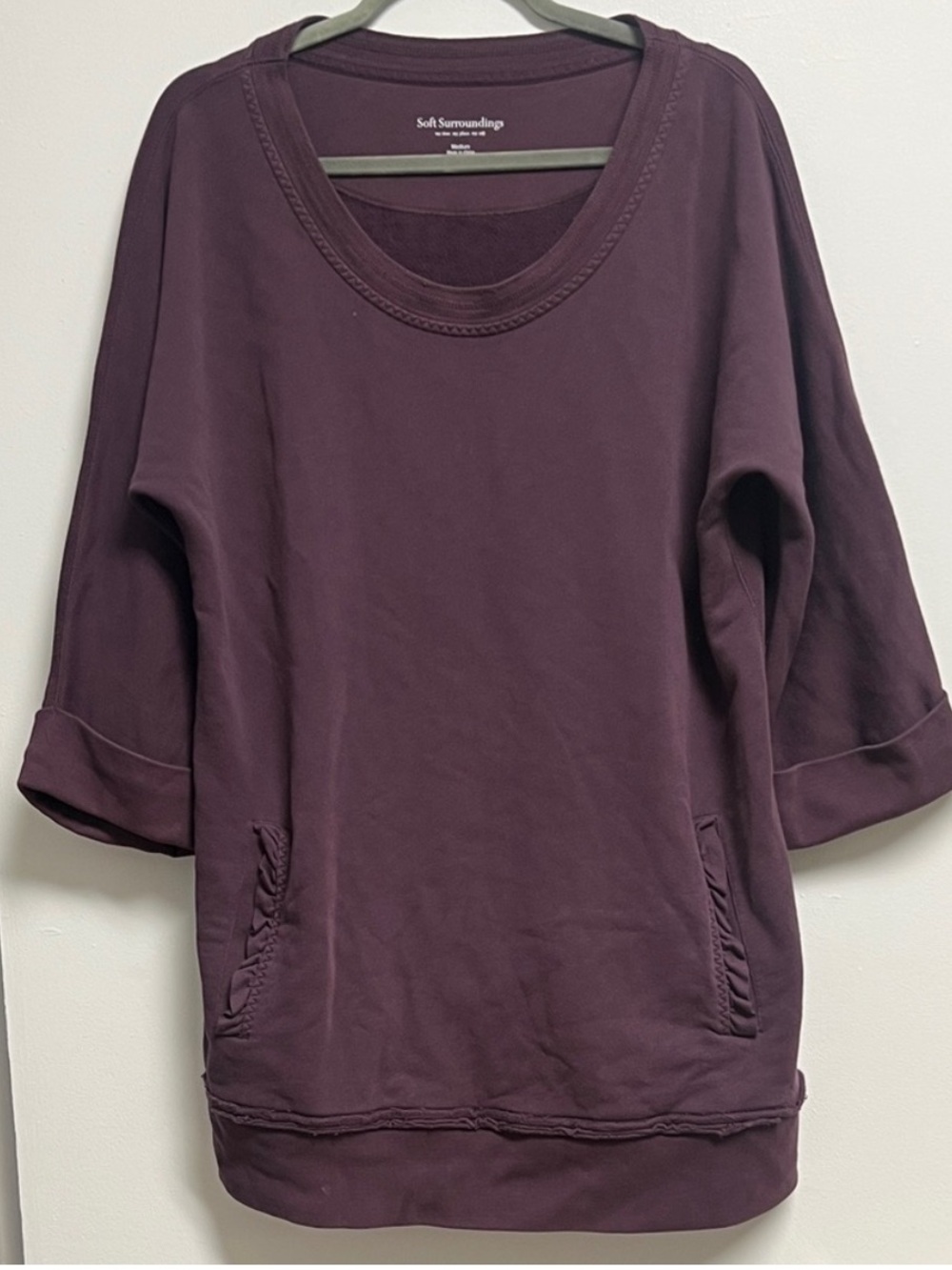 Soft Surroundings Deep Purple Plum 3/4 Sleeve Long Sweatshirt Top M/L